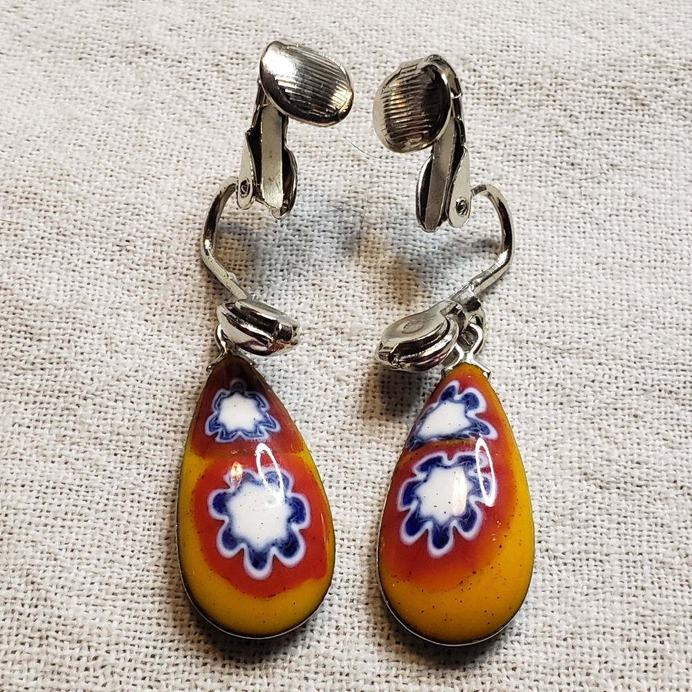 Vintage, Mid 20th Century Colorful Glass Teardrop Clip-On Earrings In Silvertone